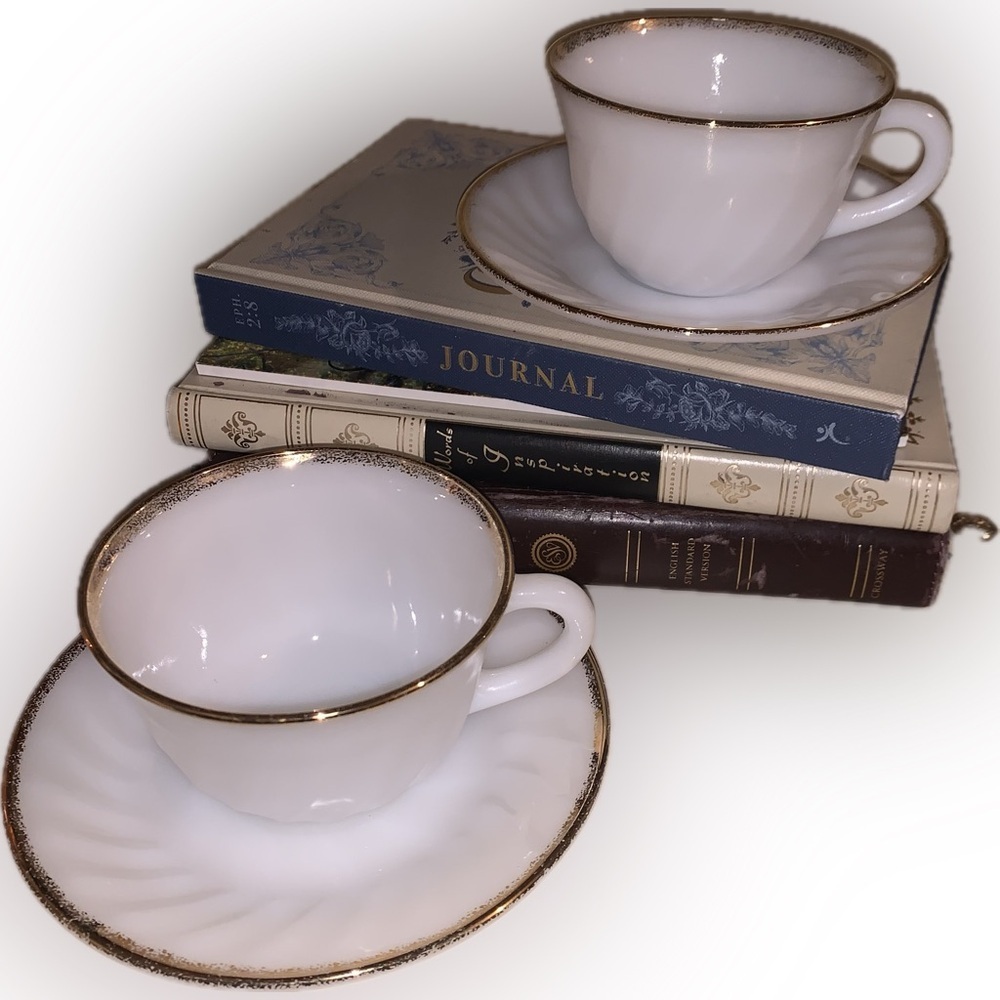Fire King Vintage Milk Glass Gold Rim White Teacups and Saucers Set of 2 USA